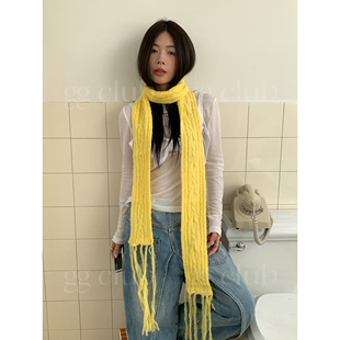 韩国设计师10羊毛纯色针织麻花围巾流苏搭配 氛围感 黄色围巾长