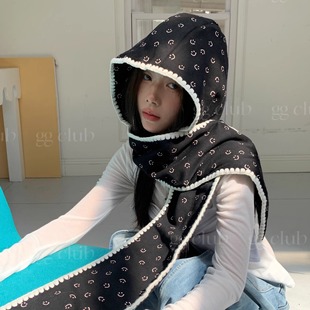 发财宅女同款 笑脸印花蕾丝百搭连帽围巾少女秋冬帽子针织保暖围脖