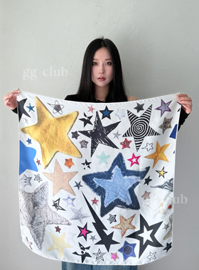 橘橘部落格  自制星星涂鸦丝巾方巾辣妹音乐节头巾春夏韩系小众