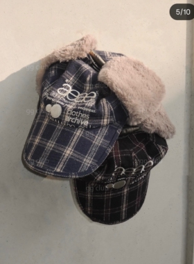 冬季加绒护耳针织韩系ins潮牌百搭毛线保暖帽格子冬帽纽扣棒球帽