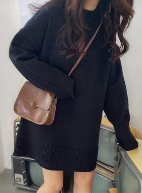 2025新款冬装黑色软糯毛衣中长款连衣裙冬季打底针织裙子女春秋厚