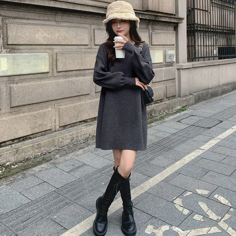 韩版A字裙针织纯色连衣裙女