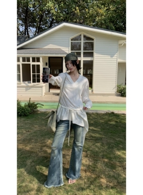 Esu 原创设计2026春季新款T恤女 叠穿式不规则下摆长款上衣 显高