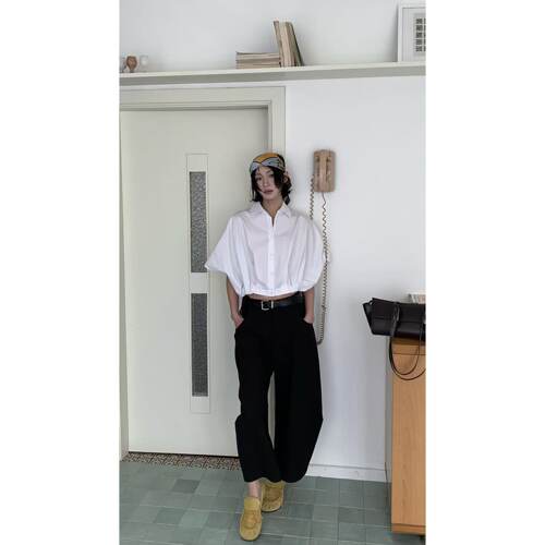 Esu休闲阔腿七分裤女皮带梧桐裤