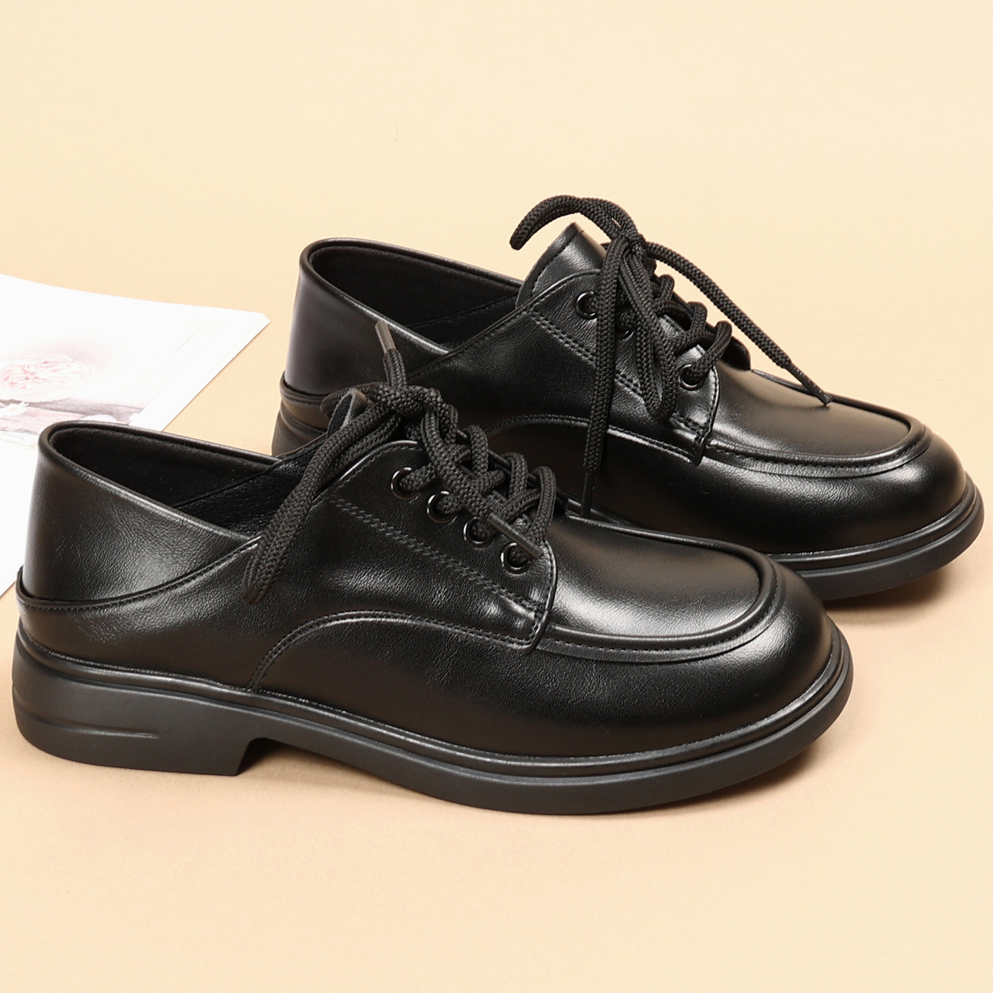 深口一脚蹬乐福鞋女式黑色小皮鞋