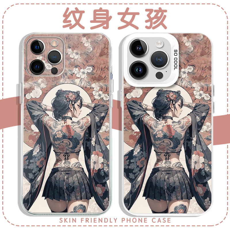 纹身女孩手机壳苹果16pro华为pura70共同流淌的彩色血液iPhone15Promax小米14日式OPPO和风vivo刺青12x复古13