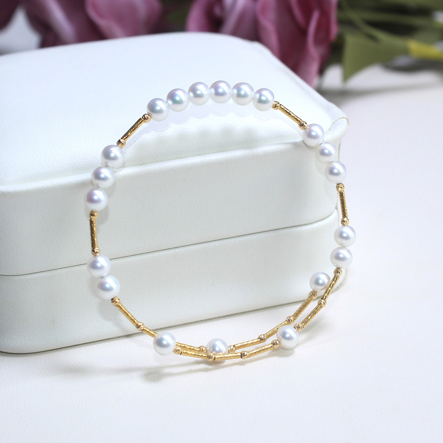 天然极光淡水珍珠手镯手链手饰18K金迷你Baby小米珠叠戴弹力手圈