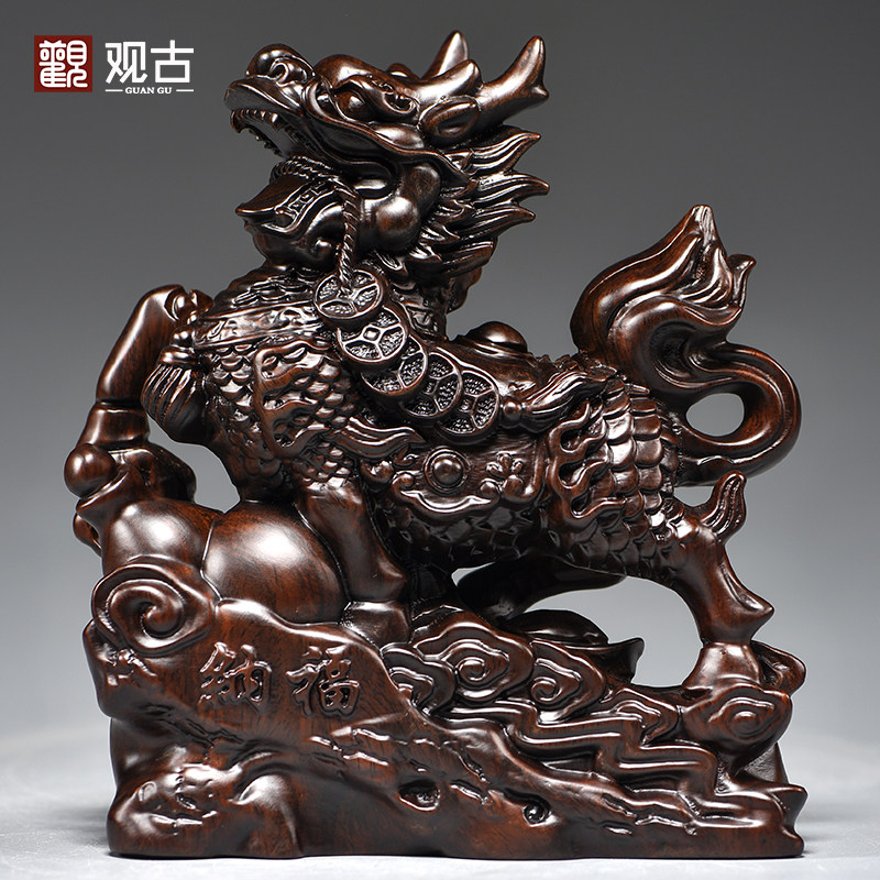 黑檀木雕麒麟摆件一对木头家用家居玄关桌面装饰品开业送礼工艺品