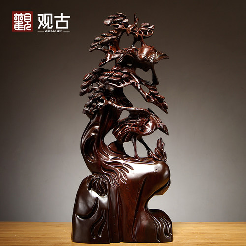 黑檀松鹤延年根雕红木雕刻贺寿