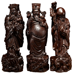 黑檀木雕福禄寿喜财三星摆件实木家居客厅装饰工艺品生日贺寿送礼