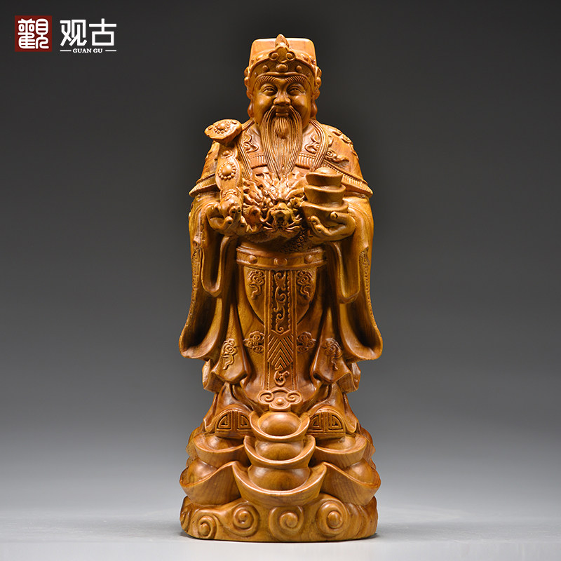 香樟木雕文财神爷佛像摆件实木质