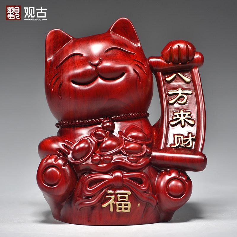 红色木雕招财猫摆件实木雕刻