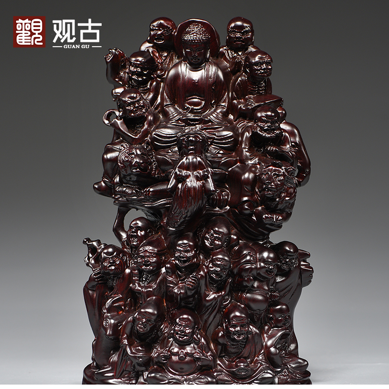 黑檀木雕十八罗汉摆件红木家居玄关降龙伏虎尊者实木质雕刻工艺品