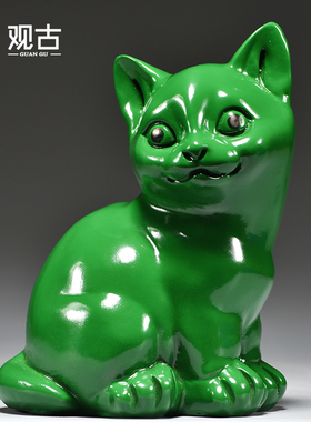 绿色实木质猫咪雕刻摆件动物木头小猫家居客厅房屋补角装饰工艺品