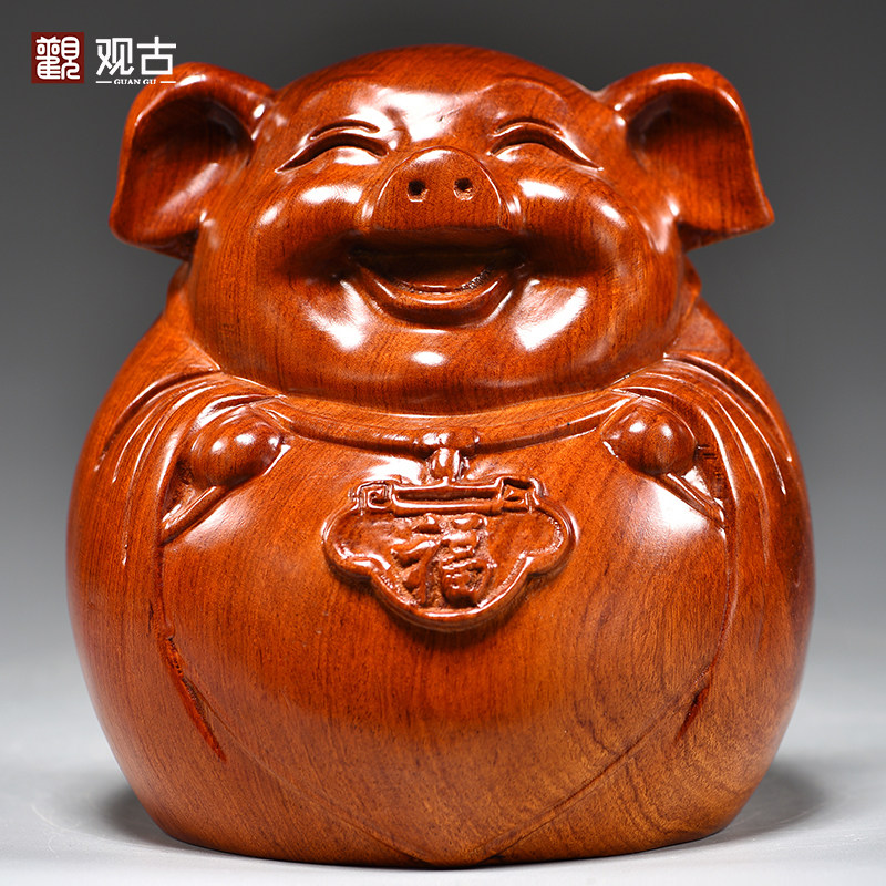 实木福猪存钱罐摆件花梨