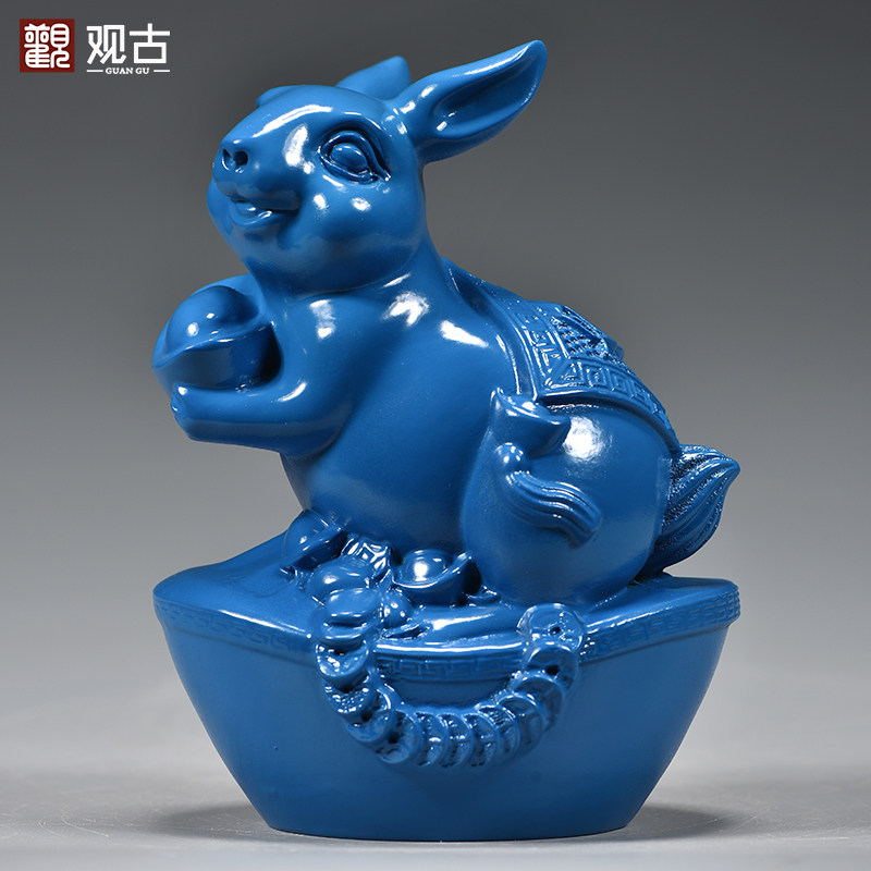 蓝色实木兔子摆件木质雕刻十二生肖木头小兔吉祥物装饰木制工艺品