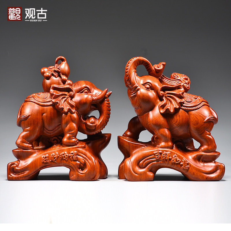 实木雕大象摆件一对客厅