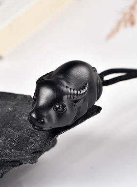 黑色木雕牛吊坠挂件实木十二生肖木头牛吉祥物挂件木质装饰工艺品