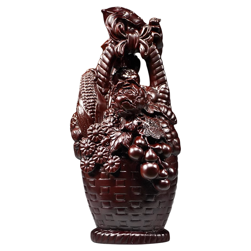黑檀木花篮大丰收雕刻摆件工艺品