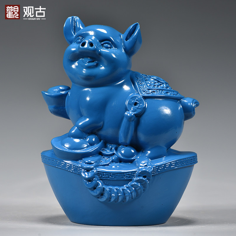蓝色实木猪摆件木质雕刻十二生肖木头小猪猪吉祥物装饰木制工艺品