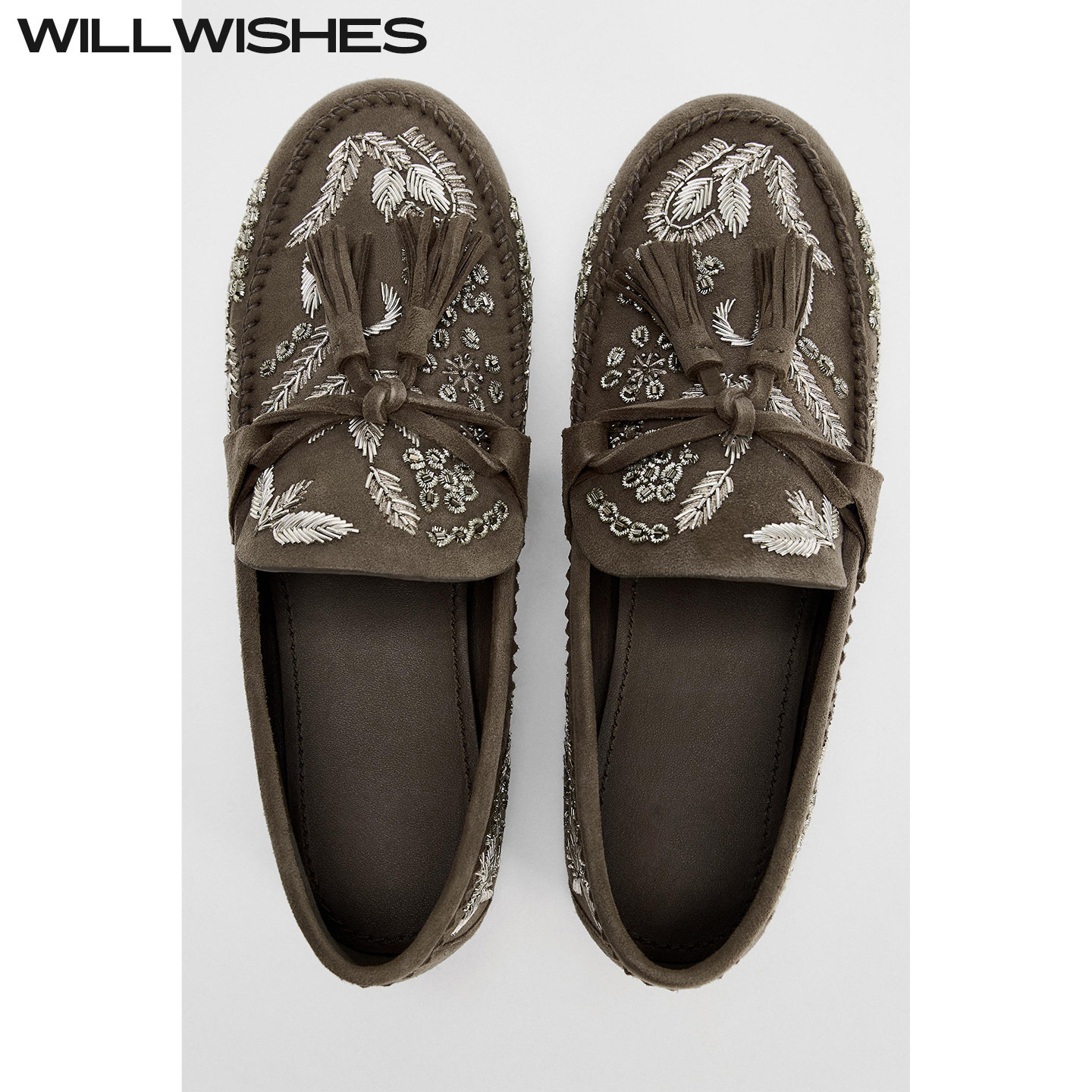 WILLWISHES刺绣反绒皮乐福鞋女