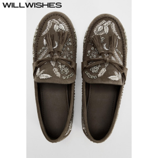 女刺绣反绒皮乐福鞋 英伦风平底单鞋 503 王玎设计秋季 WILLWISHES