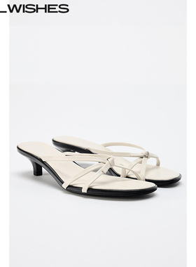 WILLWISHES 王玎设计女鞋夏季圆头蝴蝶结凉拖鞋女中跟白色拖鞋女