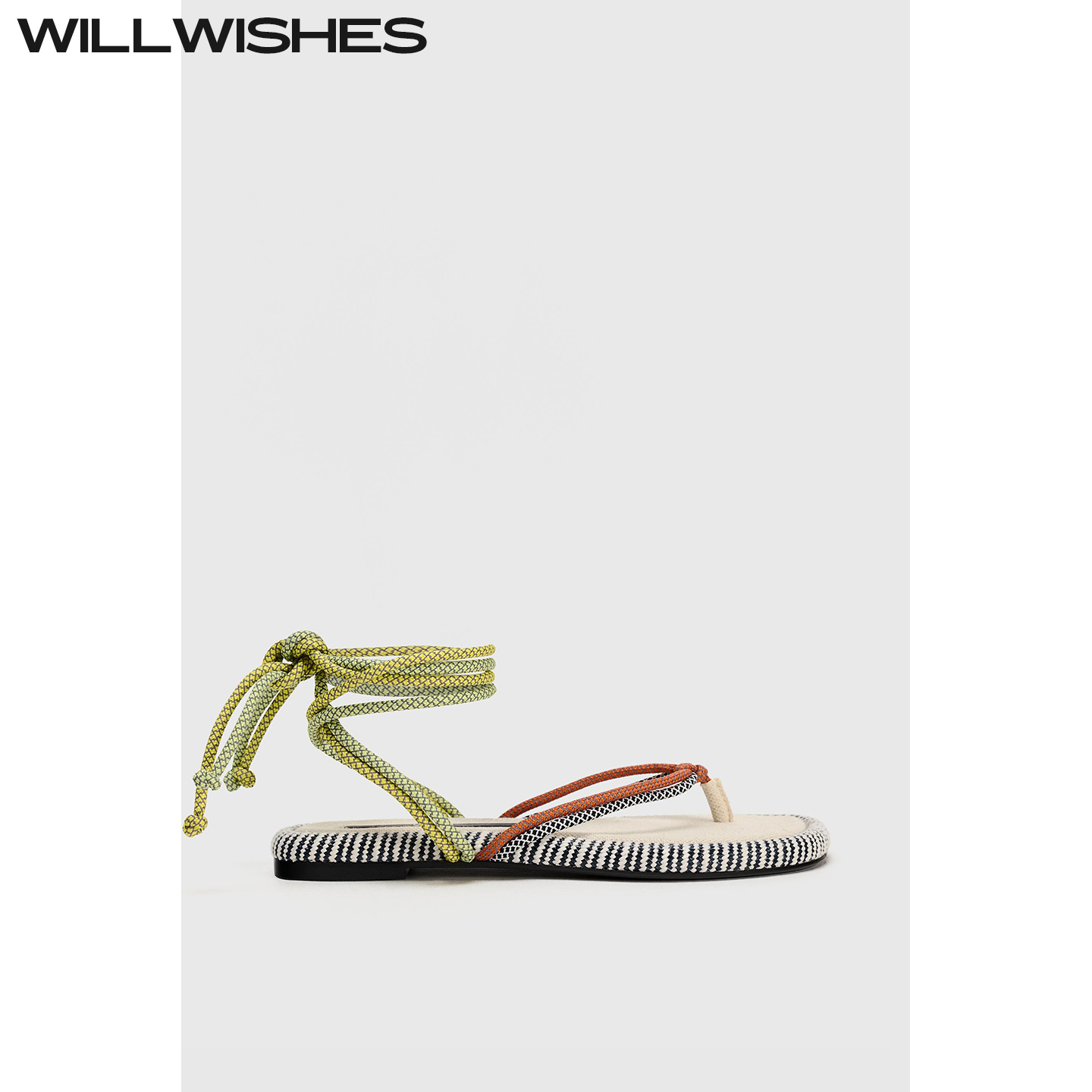 WILLWISHES 王玎设计时尚拼色平底鞋女仙女风交叉绑带罗马鞋#478
