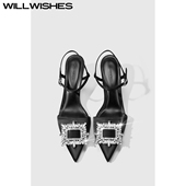 水钻方扣尖头凉鞋 王玎设计女鞋 卖完不补 女细跟高跟鞋 折扣季