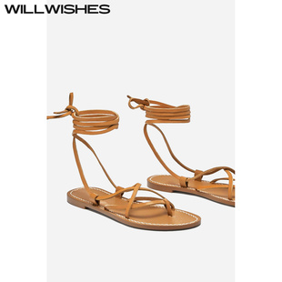 146 WILLWISHES 王玎设计夏季 海边沙滩平底鞋 女交叉绑带罗马凉鞋