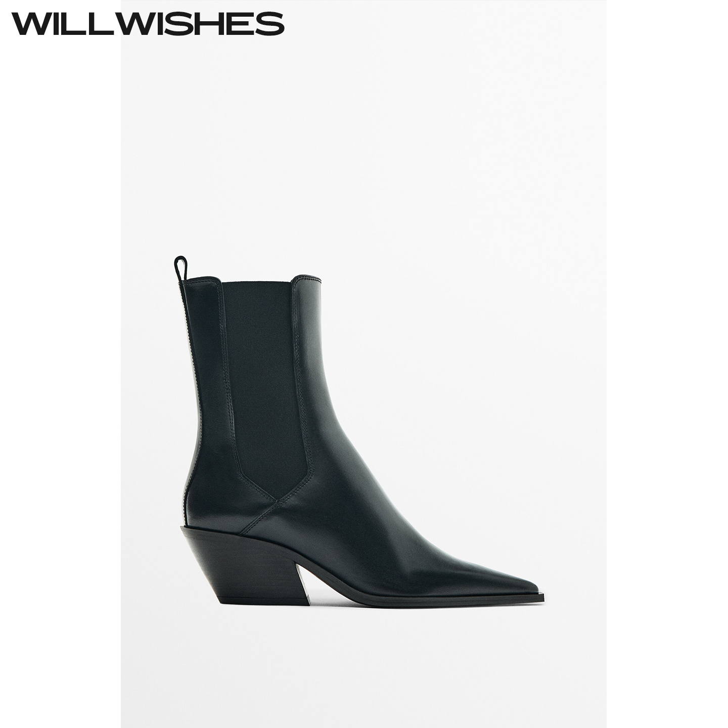 WILLWISHES尖头粗跟切尔西靴女