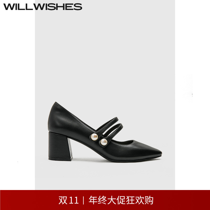 WILLWISHES法式粗跟玛丽珍鞋女
