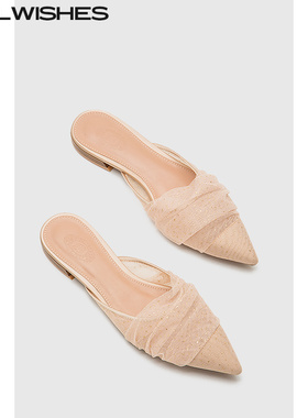 WILLWISHES 王玎设计法式温柔尖头平底拖女外穿网纱凉鞋#37264-6