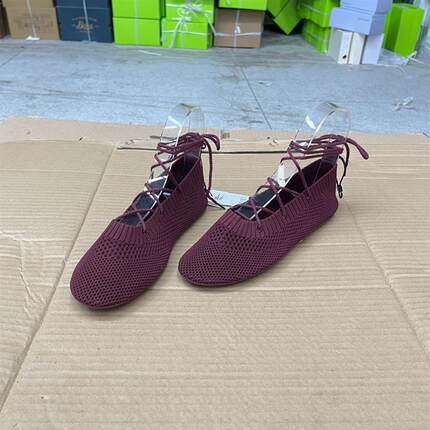 外贸原单女系时尚shoes工厂清仓圆头纯色针织面镂空系带平底单鞋