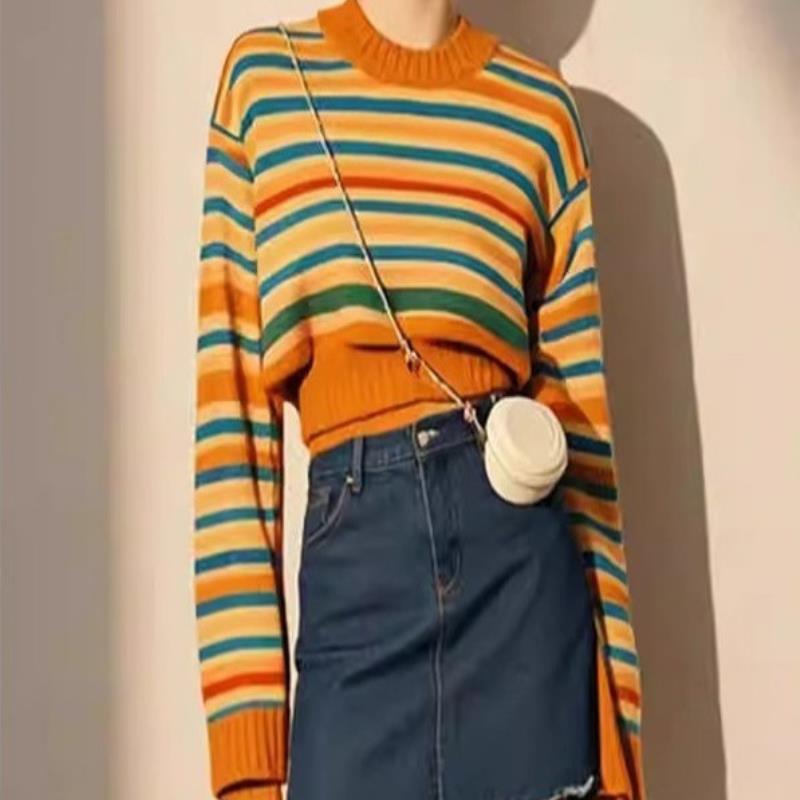 2024早秋穿搭时尚小香风针织上衣慵懒风高级感橙色条纹毛衣女秋冬