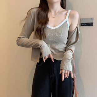 显瘦百搭外穿套装 新款 两件套女秋季 吊带开衫 上衣潮流 外搭辣妹短款