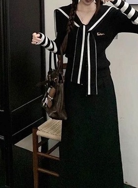 Iumi简约通勤韩版长袖裙套装2025秋季系带新款初秋上衣黑色套装