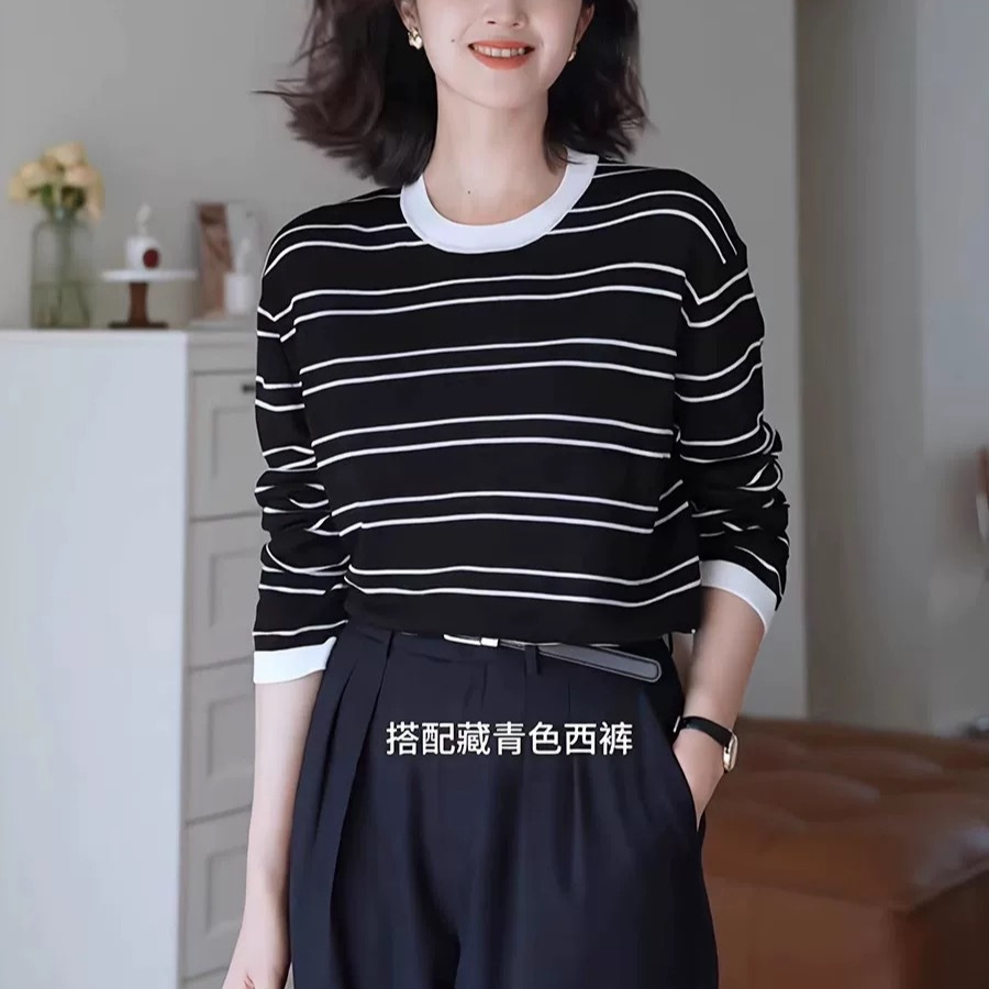 羊毛条纹上衣高级感毛衣女慵懒风套头宽松2024秋季