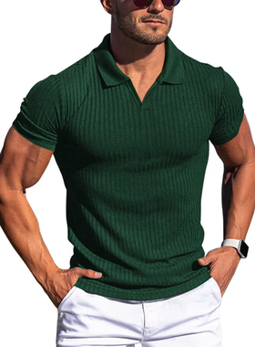 Men's POLO T-shirt 欧美男装POLO衫翻领V领竖条纹短袖男士T恤