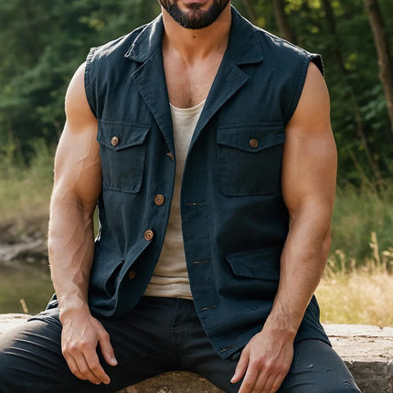 Men's vest jacket top 无袖马甲外套纯色休闲坎肩洗水背心男上衣