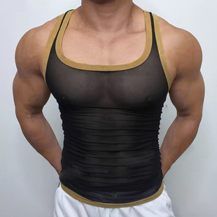 see mesh 网眼背心性感网纱透视上衣 vest 欧美男士 through Men
