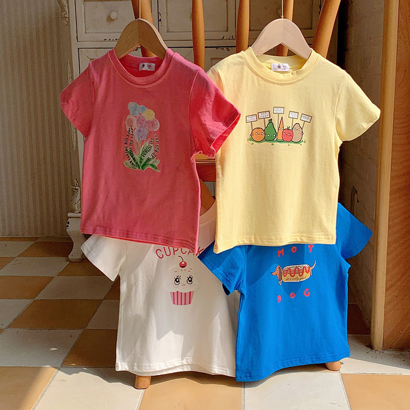 儿童夏季新款女童装纯色卡通弹力棉上衣糖果色男童女童短袖t恤