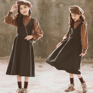 女童秋春季韩版中大童泡泡长袖打底衫格子连衣裙背带裙两件套装