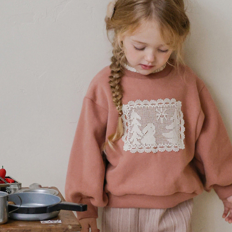 女童洋气韩版宽松加绒加厚保暖套头卫衣女孩可爱蕾丝花边套头衫