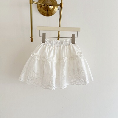 miu系女童白色蕾丝花边棉质短裙儿童半身裙夏季带安全裤花边半裙