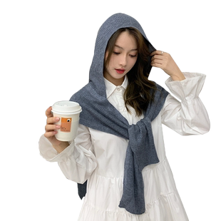 旗袍外搭披肩女春秋季韩版纯色直条纹带帽办公室外搭护颈空调斗篷