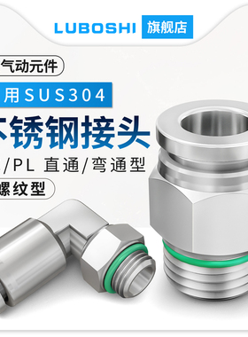 不锈钢G螺纹304气管接头PC8-G02/10-G03带密封圈直角PL6-G01快插
