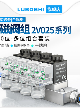 2V025电磁阀组多通路气路分流DC24v换向气缸电子开关阀板控制220V
