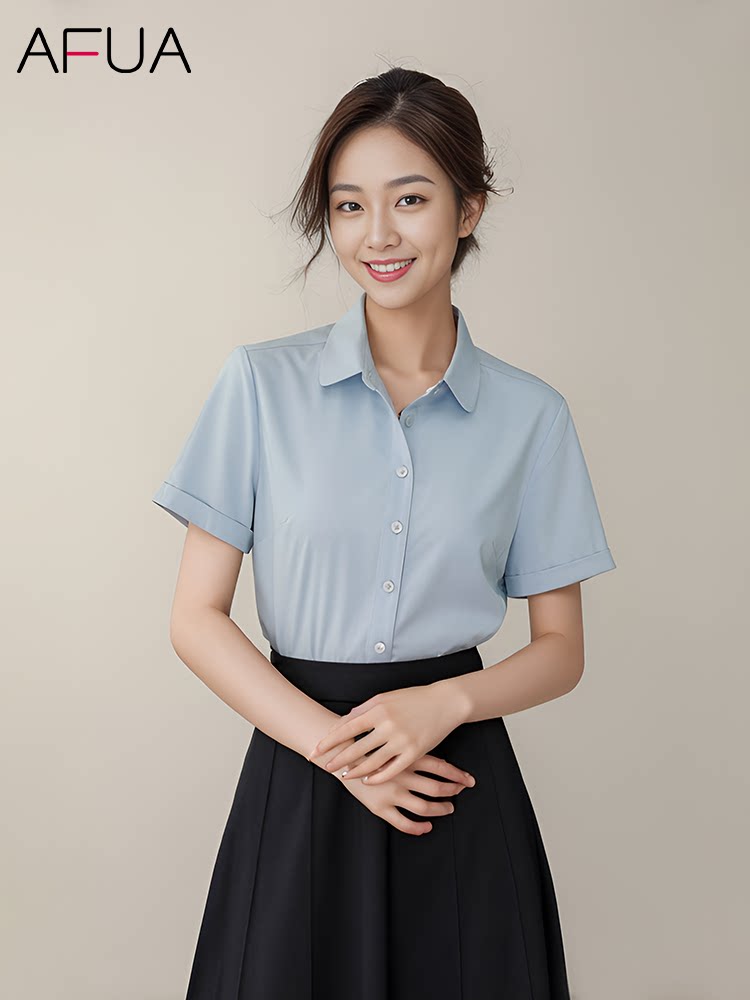 AFUA面试蓝色衬衫女夏2026新款工作服职业正装公考教资短袖白衬衣