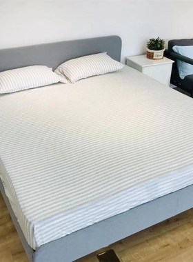 新款春冬日式条纹针织床笠式全棉三件套天竺棉床上用品1.8米简约